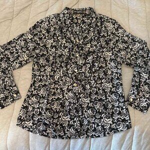 Karl Lagerfeld Tuxedo style blouse, black and white. Gold Buttons. Size MEDIUM